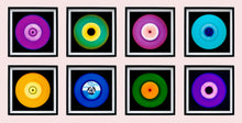 Load image into Gallery viewer, Photograph by Heidler and Heeps. Eight colourful vinyl records in black frames sit horizontally, 2 x 4.