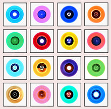 Load image into Gallery viewer, Photograph by Heidler and Heeps. 16 photographs of colourful vinyls in black frames. They are set in a 4x4 square format.