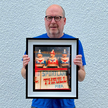 Load image into Gallery viewer, Thrill Pier clowns amusements photography Richard Heeps artwork framed in black