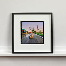 Load image into Gallery viewer, Black framed photograph by Richard Heeps. A brown and white patched/speckled dog sits in the middle of Fenland road. Farmers trucks and vehicles are strewn next to the road on the right hand side.