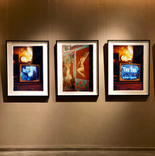 Load image into Gallery viewer, Photographs by Richard Heeps. Three photographs either end are of a retro television in a warm light showing a black and white film. The photograph in the middle is of a picture of Marilyn Monroe.
