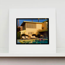Load image into Gallery viewer, Mounted photograph by Richard Heeps. Palm Springs Poolside, classic mid-century Palm Springs architecture, featuring cool blue skies and pool.