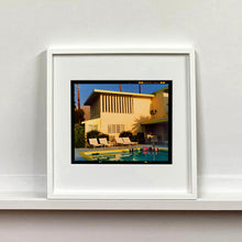 Load image into Gallery viewer, White framed photograph by Richard Heeps. Palm Springs Poolside, classic mid-century Palm Springs architecture, featuring cool blue skies and pool.