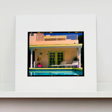 Load image into Gallery viewer, Photograph by Richard Heeps. Palm Springs Pool Side II showcases classic mid-century Palm Springs California architecture. Cool blue skies and pool with accents of pink and almost neon yellow.
