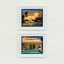 Load image into Gallery viewer, Two white framed photographs by Richard Heeps. The top photographe features a Palm Springs Poolside, classic mid-century Palm Springs architecture, featuring cool blue skies and pool. The bottom photograph has a Californian style building behind a swimming pool.