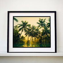 Load image into Gallery viewer, Black framed photograph by Richard Heeps. Green palms trees against a warm golden sky, and reflected in a pool below.