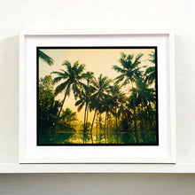 Load image into Gallery viewer, White framed photograph by Richard Heeps. Green palms trees against a warm golden sky, and reflected in a pool below.