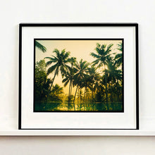 Load image into Gallery viewer, Black framed photograph by Richard Heeps. Green palms trees against a warm golden sky, and reflected in a pool below.