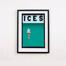 Load image into Gallery viewer, Black framed photograph by Richard Heeps.  At the top black letters spell out ICES and below is depicted a 99 icecream cone sitting left of centre against a Turquoise Teal coloured background.