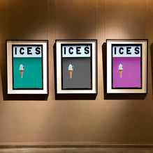 Load image into Gallery viewer, Black framed photograph by Richard Heeps.  At the top black letters spell out ICES and below is depicted a 99 icecream cone sitting left of centre against a Turquoise Teal coloured background.  Set of three photographs by Richard Heeps.  Three identical photographs (apart from the block colour), at the top black letters spell out ICES and below is depicted a 99 icecream cone sitting left of centre set against, in turn, a Turquoise Teal, Grey and Plum kground.