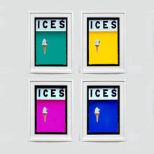 Load image into Gallery viewer, Set of four (2x2) white framed photographs by Richard Heeps.  Four identical photographs (apart from the block colour), at the top black letters spell out ICES and below is depicted a 99 icecream cone sitting left of centre set against, in turn, a Turquoise Teal, Yellow, Pink and Blue coloured background.