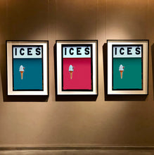 Load image into Gallery viewer, Set of three photographs by Richard Heeps.  Three identical photographs (apart from the block colour), at the top black letters spell out ICES and below is depicted a 99 icecream cone sitting left of centre set against, in turn, a blue teal, raspberry and deep green teal coloured background.