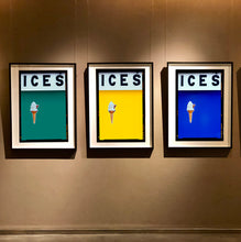 Load image into Gallery viewer, Set of three photographs by Richard Heeps.  Three identical photographs (apart from the block colour), at the top black letters spell out ICES and below is depicted a 99 icecream cone sitting left of centre set against, in turn, a deep green teal, yellow and blue coloured background.