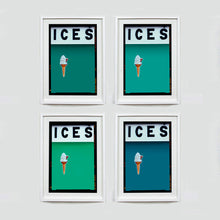 Load image into Gallery viewer, Set of four (2x2) white framed photographs by Richard Heeps.  Four identical photographs (apart from the block colour), at the top black letters spell out ICES and below is depicted a 99 icecream cone sitting left of centre set against, in turn, a deep green teal, turquoise teal, mint and blue teal coloured background.