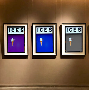 Set of three photographs by Richard Heeps.  Three identical photographs (apart from the block colour), at the top black letters spell out ICES and below is depicted a 99 icecream cone sitting left of centre set against, in turn, a purple, blue and grey coloured background.  