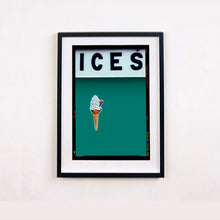 Load image into Gallery viewer, Black framed photograph by Richard Heeps.  At the top black letters spell out ICES and below is depicted a 99 icecream cone sitting left of centre against a deep green teal coloured background.