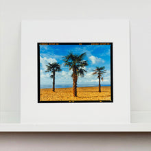 Load image into Gallery viewer, Mounted photograph by Richard Heeps.  Three palm trees on the beach at Clacton-on-Sea with shadows cast by the early evening light.
