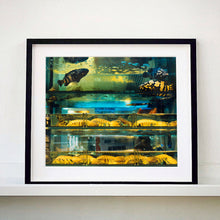 Load image into Gallery viewer, Black framed photograph by Richard Heeps. Wet market fish tank filled with blue green and yellow fish, in a Hong Kong street.