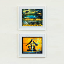 Load image into Gallery viewer, White framed photographs by Richard Heeps. The top photograph shows a wet market fish tank filled with blue green and yellow fish, in a Hong Kong street. The bottom photograph features a black painted Chinese symbol painted on a yellow worn golden canvas.