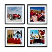 Load image into Gallery viewer, Four black framed photographs by Richard Heeps.  The top left if a red tanked racing car, the top right photograph is four retro women sitting on a long grass hill, the bottom left photograph are a set of four red hairdressers chairs, the bottom right photograph is the inside of an American diner onto a retro street.