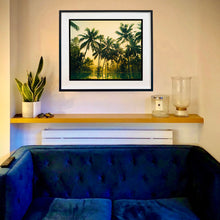 Load image into Gallery viewer, In situ black framed photograph by Richard Heeps. Green palms trees against a warm golden sky, and reflected in a pool below.