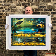 Load image into Gallery viewer, Photograph held by photographer Richard Heeps. Wet market fish tank filled with blue green and yellow fish, in a Hong Kong street.