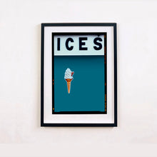Load image into Gallery viewer, Black framed photograph by Richard Heeps.  At the top black letters spell out ICES and below is depicted a 99 icecream cone sitting left of centre against a blue teal coloured background.