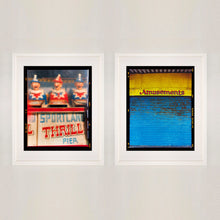 Load image into Gallery viewer, Thrill Pier clowns amusements photograph artworks by Richard Heeps framed in white