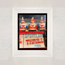 Load image into Gallery viewer, Thrill Pier clowns amusements photograph by Richard Heeps framed in white