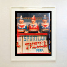 Load image into Gallery viewer, Thrill Pier clowns amusements photograph by Richard Heeps framed in white