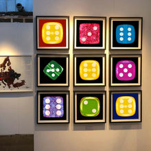 Load image into Gallery viewer, 'Yellow Six', from Heidler & Heeps Dice Series, a yellow dice suspended on a black background.