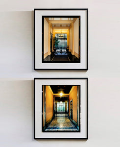 'Foyer VIII' shows an Art Deco entrance hall in Milan, featuring stained glass panelling and marble flooring. This piece is part of Richard Heeps' series 'A Short History of Milan', which began in November 2018 for a special project featuring at the Affordable Art Fair Milan 2019, and the series is ongoing. There is a reoccurring linear, structural theme throughout the series, capturing the Milanese use of materials in design such as glass, metal, wood and stone. Richard