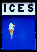 Load image into Gallery viewer, Photograph by Richard Heeps. 'Ices', photographed at Bexhill-on-Sea. On one hand it's about the joys of the British seaside, the iconic ice cream cone, it's incredibly simple but on the somehow its created a conceptual piece of art, the ice cream cone suspended in a sea of blue with the bold graphic typography.