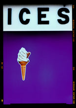 Load image into Gallery viewer, Photograph by Richard Heeps.  Black letters spell out ICES and below is depicted a 99 icecream cones sitting left of centre against a purple coloured background.  