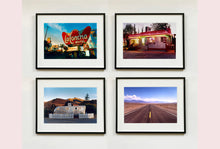 Load image into Gallery viewer, 'The Road to Death Valley', taken in the Majove Desert, California, features a clouded blue sky met my mountains on the horizon. This American landscape artwork is part of Richard Heeps' 'Dream in Colour' series. Taken in 2001, this artwork was first executed in Richard's darkroom in 2021.