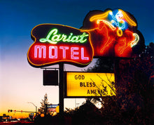 Load image into Gallery viewer, 'Lariat Motel' is a classic Richard Heeps Americana 'Sign Porn' artwork. It was captured in its original site in Fallon, Nevada. The owners since sold the Lariat Motel and donated the 1950's sign with original neon tubing to the Churchill Arts Council. This photograph forms part of Richard Heeps' 'Dream in Colour' series.