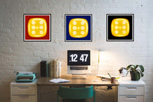 Load image into Gallery viewer, From Heidler & Heeps Dice Series, a yellow dice suspended on a red background.