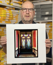 Load image into Gallery viewer, 'Foyer VII' shows an Art Deco entrance hall in Milan, featuring stained glass panelling and marble flooring. This artwork is part of Richard Heeps' series 'A Short History of Milan', which began in November 2018 for a special project featuring at the Affordable Art Fair Milan 2019, and the series is ongoing. There is a reoccurring linear, structural theme throughout the series, capturing the Milanese use of materials in design such as glass, metal, wood and stone.