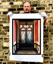 Load image into Gallery viewer, 'Foyer VII' shows an Art Deco entrance hall in Milan, featuring stained glass panelling and marble flooring. This artwork is part of Richard Heeps' series 'A Short History of Milan', which began in November 2018 for a special project featuring at the Affordable Art Fair Milan 2019, and the series is ongoing. There is a reoccurring linear, structural theme throughout the series, capturing the Milanese use of materials in design such as glass, metal, wood and stone.