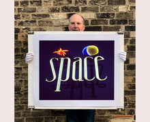 Load image into Gallery viewer, 'Space', features neon lettering against an inky blue sky. The subject is a roadside sign taken in Ibiza during the final year of the iconic super club.