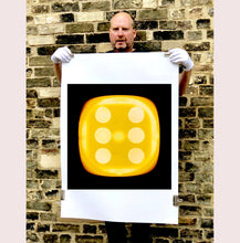 Load image into Gallery viewer, 'Yellow Six', from Heidler & Heeps Dice Series, a yellow dice suspended on a black background.