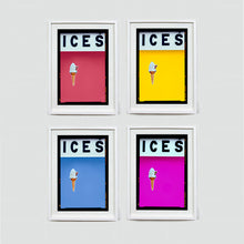 Load image into Gallery viewer, Set of four (2x2) white framed photographs by Richard Heeps.  Four identical photographs (apart from the block colour), at the top black letters spell out ICES and below is depicted a 99 icecream cone sitting left of centre set against, in turn, a raspberry, yellow, baby blue and pink coloured background.