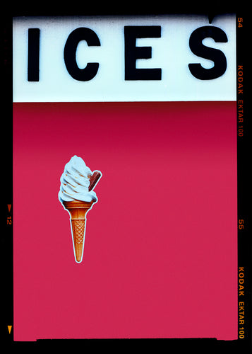 Photograph by Richard Heeps.  Black letters spell out ICES and below is depicted a 99 icecream cones sitting left of centre against a raspberry coloured background. 