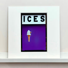 Load image into Gallery viewer, Mounted photograph by Richard Heeps.  At the top black letters spell out ICES and below is depicted a 99 icecream cone sitting left of centre against a purple coloured background.  