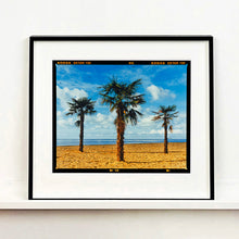 Load image into Gallery viewer, Black framed photograph by Richard Heeps.  Three palm trees on the beach at Clacton-on-Sea with shadows cast by the early evening light.