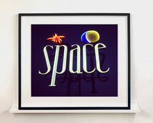 Load image into Gallery viewer, 'Space', features neon lettering against an inky blue sky. The subject is a roadside sign taken in Ibiza during the final year of the iconic super club.
