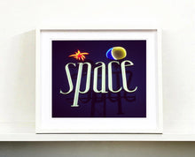 Load image into Gallery viewer, 'Space', features neon lettering against an inky blue sky. The subject is a roadside sign taken in Ibiza during the final year of the iconic super club.