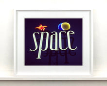 Load image into Gallery viewer, 'Space', features neon lettering against an inky blue sky. The subject is a roadside sign taken in Ibiza during the final year of the iconic super club.