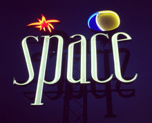Load image into Gallery viewer, 'Space', features neon lettering against an inky blue sky. The subject is a roadside sign taken in Ibiza during the final year of the iconic super club.