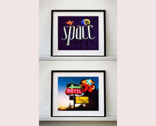 Load image into Gallery viewer, 'Space', features neon lettering against an inky blue sky. The subject is a roadside sign taken in Ibiza during the final year of the iconic super club.